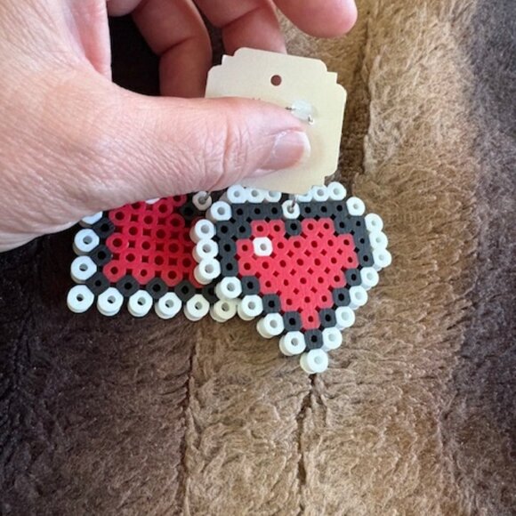 Bold Perler Bead Pixelated Red Black White Heart Earrings Hurricanes NC State - Picture 2 of 3